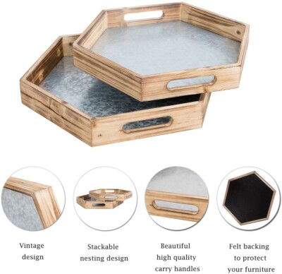 2Pcs Natural Wood Hexagon Nesting Serving Trays with Easy-Grasp Cutout Handles