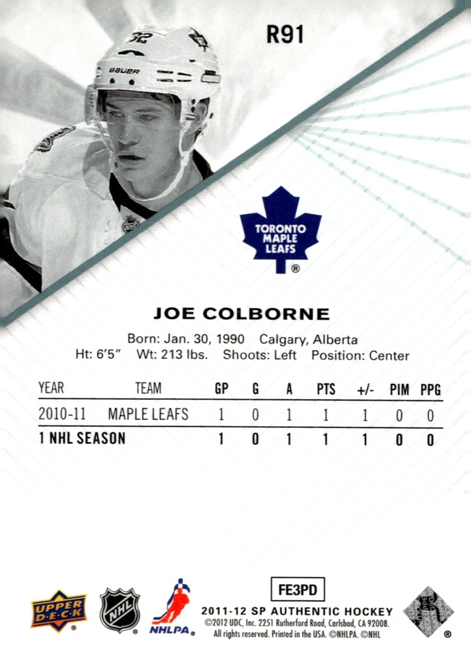 Joe Colborne - Signed 2011-12 Upper Deck SP Authentic Card #R91 - Image 2 of 2
