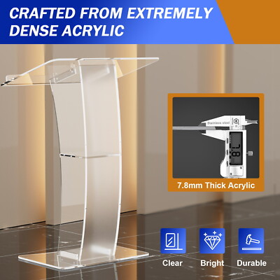 Acrylic Clear Podium Lectern Curved Plexiglass Pulpit 60 × 40cm 15° Tilt