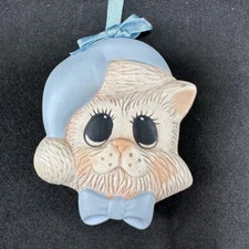 Ceramic Puppy Dog Face Blue Santa Hat & Bow Tie Ornament VTG Big Eyes
