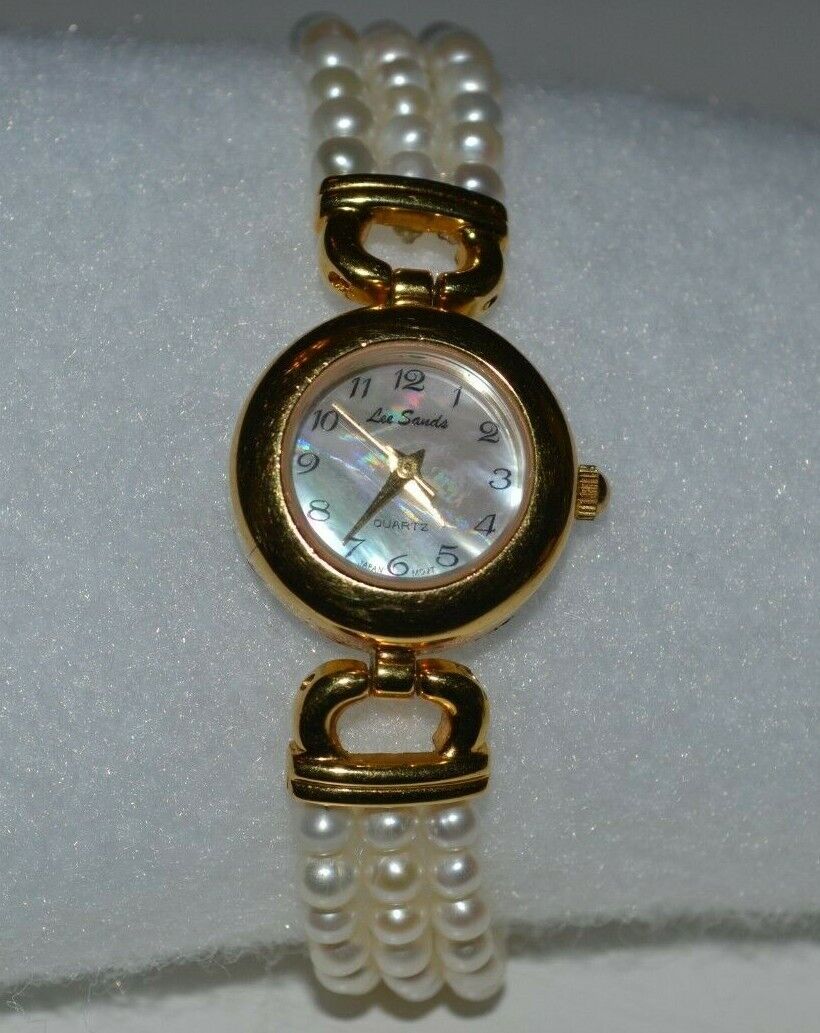 Lee Sands Gold Tone Women's Watch Mother of Pearl Face Faux Pearl Bracelet Band