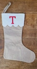 Initial Letter T Monogram Christmas Stocking Burlap Fabric Embroidered Red T