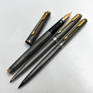 PARKER 75 Fountain Pen / Pencil/ BP Set Chiselled STERLING Silver 14K B Nib NICE