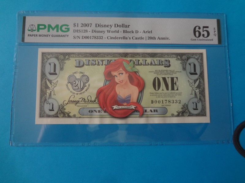 2007 Ariel Disney Dollar $1.00 - PMG 65 Gem Uncirculated EPQ Block D s/n D001783