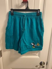 Vintage Disney Store Juniors L Shorts Teal Mickey Mouse Pluto Elastic Waist Lg