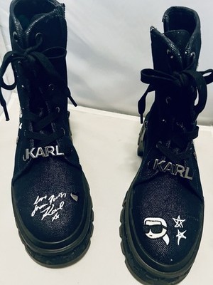 Karl Lagerfeld black combat boots W/heart Patches & logo Hardware, 7.5, NWOB.