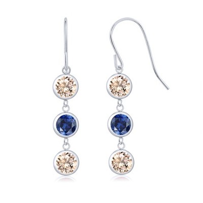925 Sterling Silver Peach Morganite and Created Sapphire 3 Stone French Wire
