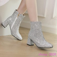 Chic Womens Sequins Glitter Side Zip Ankle Boots Clubwear Party Work Dress Shoes