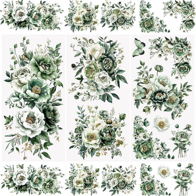 3 Sheets Rub on Transfer Stickers, Green Flowers Pattern Waterproof Decals Furni