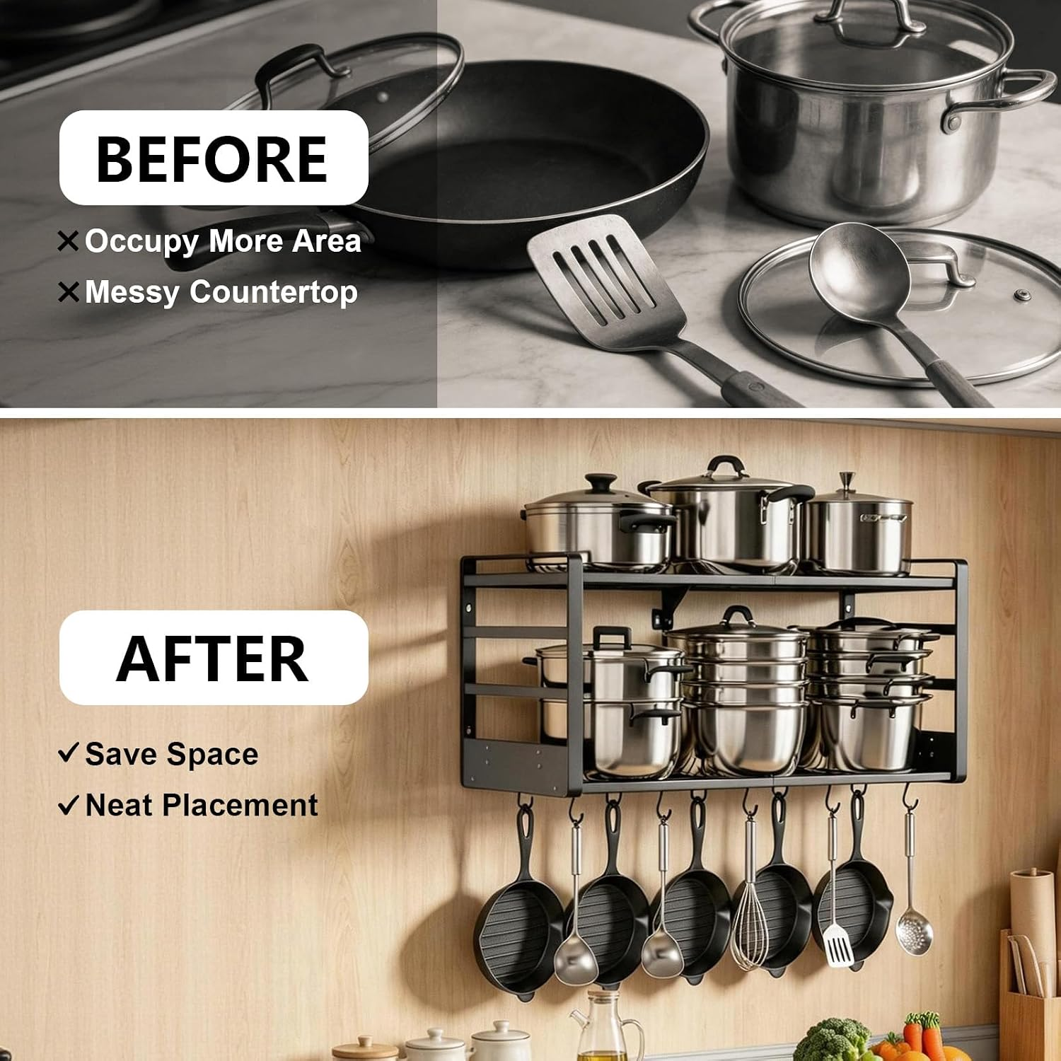 Pot Rack, 31 Inch Wall Mounted 2-Tier Pots & Pans Organizer with 20