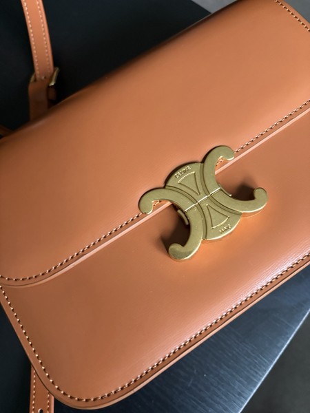 CELINE Brown Leather Shoulder Bag Gold Logo Push Lock Adjustable Strap Dust Bag