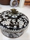 Vintage Black & White Chinese Cloisonne Enamel Lidded Bowl w/Flower And Dragon — photo 2