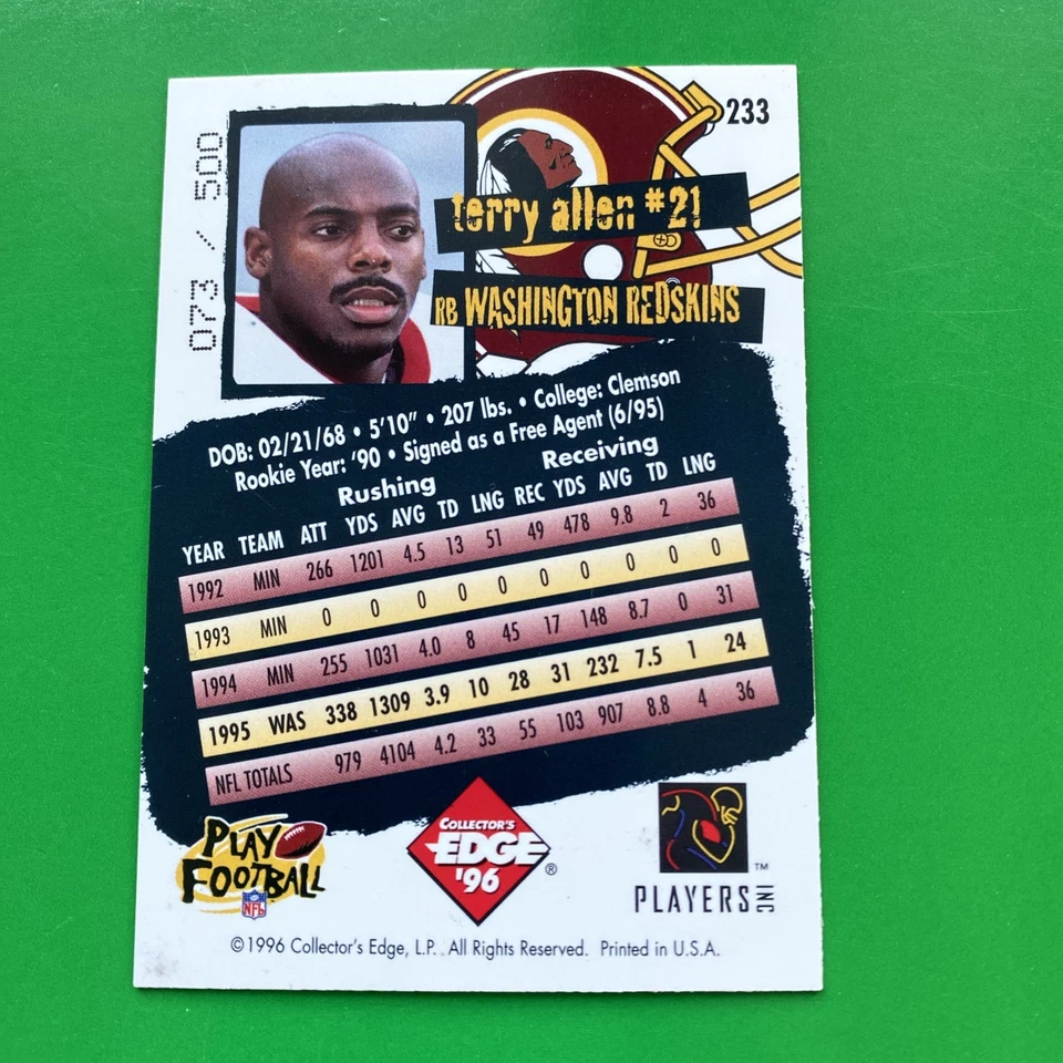 Terry Allen 1996 Collector's Edge HoloFoil Parallel Card #233 LTD #73/500 - Image 2 of 3