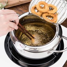 3.4L Deep Fryer Pot Stainless Steel Tempura Frying with Thermometer Lid Rack UK