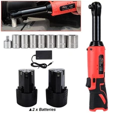 3/8'' Electric Cordless Ratchet Right Angle Wrench Impact Power Tool 2 Battery