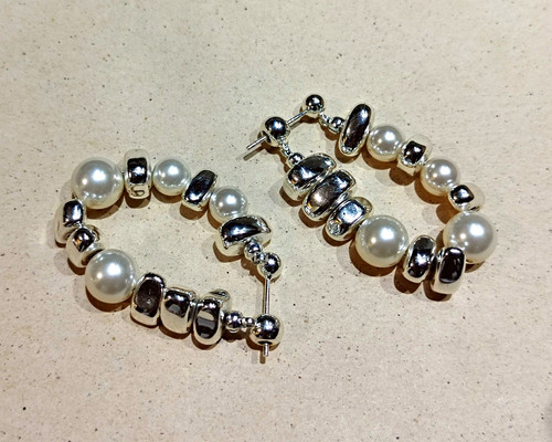 Silver Tone Faux Pearl Chunky Hoop Earrings 925 Silver Posts – Brand New