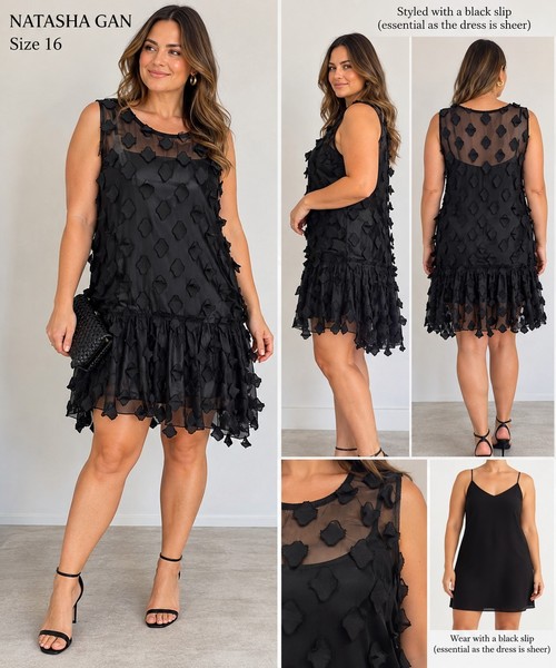 Natasha Gan Black Sheer Chiffon Ruffle Shift Mini Dress | Plus 16