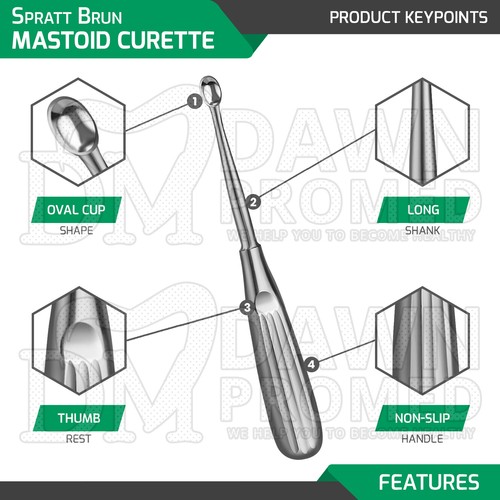 Cureta mastoidea Spratt Brun disponible individual y conjuntos instrumentos quirúrgicos para el oído - Imagen 3 de 19