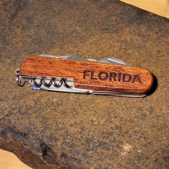 Multitool Knife Engraved name "Mark" & "Florida" Wood handled Multitool