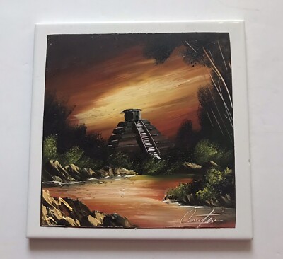 Decorative Ceramic Tile Hand Painted Maya Aztec MEXICAN PYRAMID Signed By Artist
