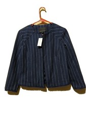 Banana Republic Blue White Striped Fringe Trim Collarless Blazer Jacket Boucle 6