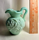Vintage 70's Avon Aqua Blue Milk Glass Pitcher Roses Marbled 4.5" Tall (A280)