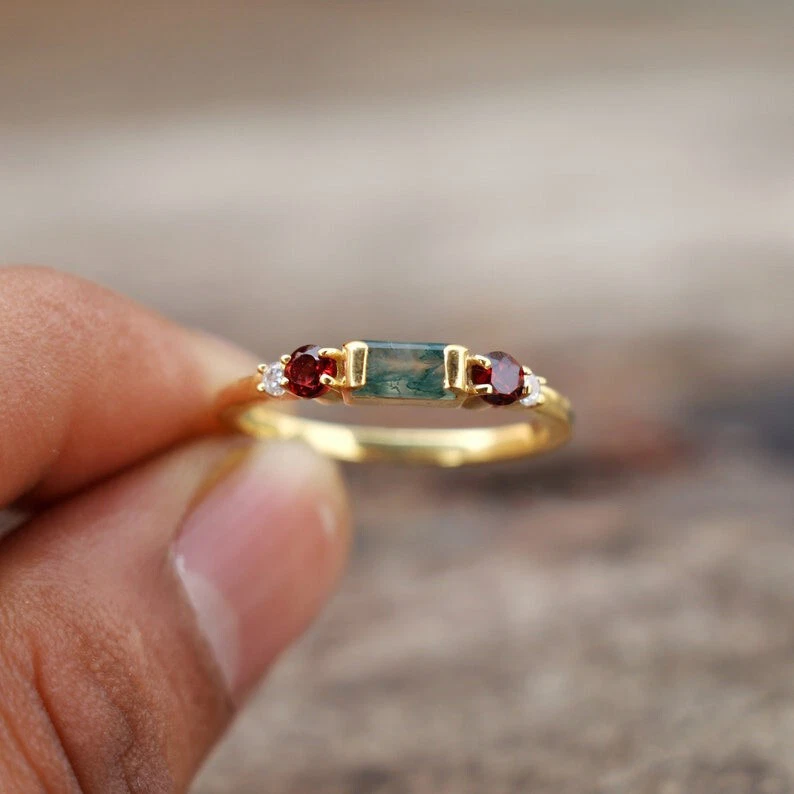 Anillo de ágata granate y musgo de plata de ley 925 anillo solitario de oro Vermeil Foto 3 de 4