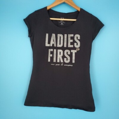 NY&C Women's Size XS Black ''Ladies First'' Rhinestone Short Sleeve Tee