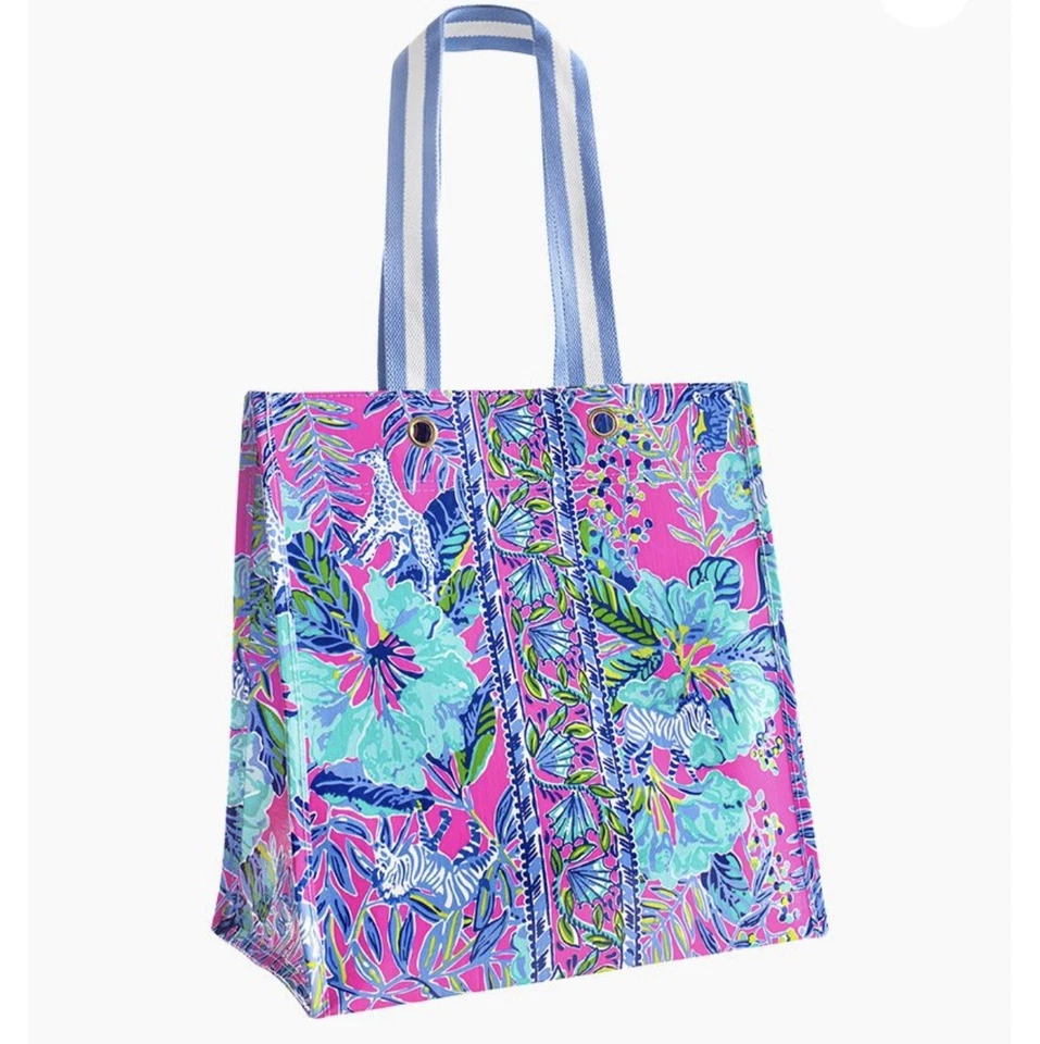 Сумка с короткими ручками Lilly Pulitzer Market LIL ЗАРАБОТАННАЯ В ПОЛОСКУ РОЗОВАЯ сумка для покупок повторное использование ECO новая с ценниками