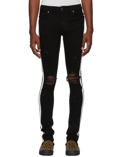 Amiri Mens Black Track Jeans With Distressed White Stripes -New W Tags Authentic - 第 2/13 張圖片