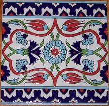 10 Raised Red, Green & Blue 8"x8" Iznik Floral Pattern Ceramic Tile BORDER 