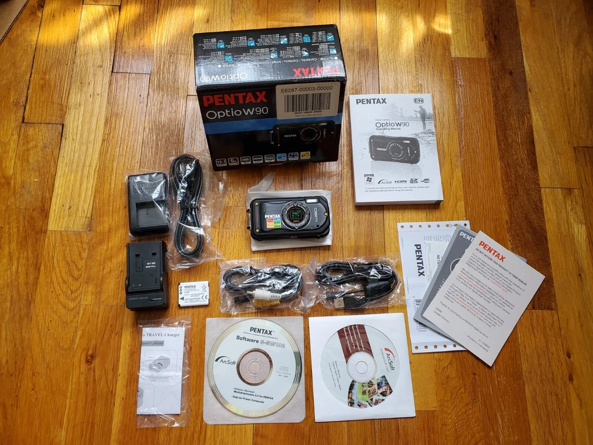 PENTAX Optio W90 12.1MP Waterproof Digital Camera Black w/Box + Accessories