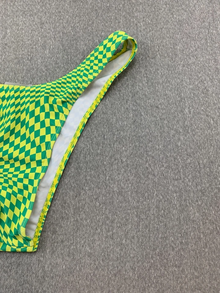 High Cut V Front Bikini Tankini Swimsuit Bottoms Women size M Yellow Green Check - Image 4 of 4