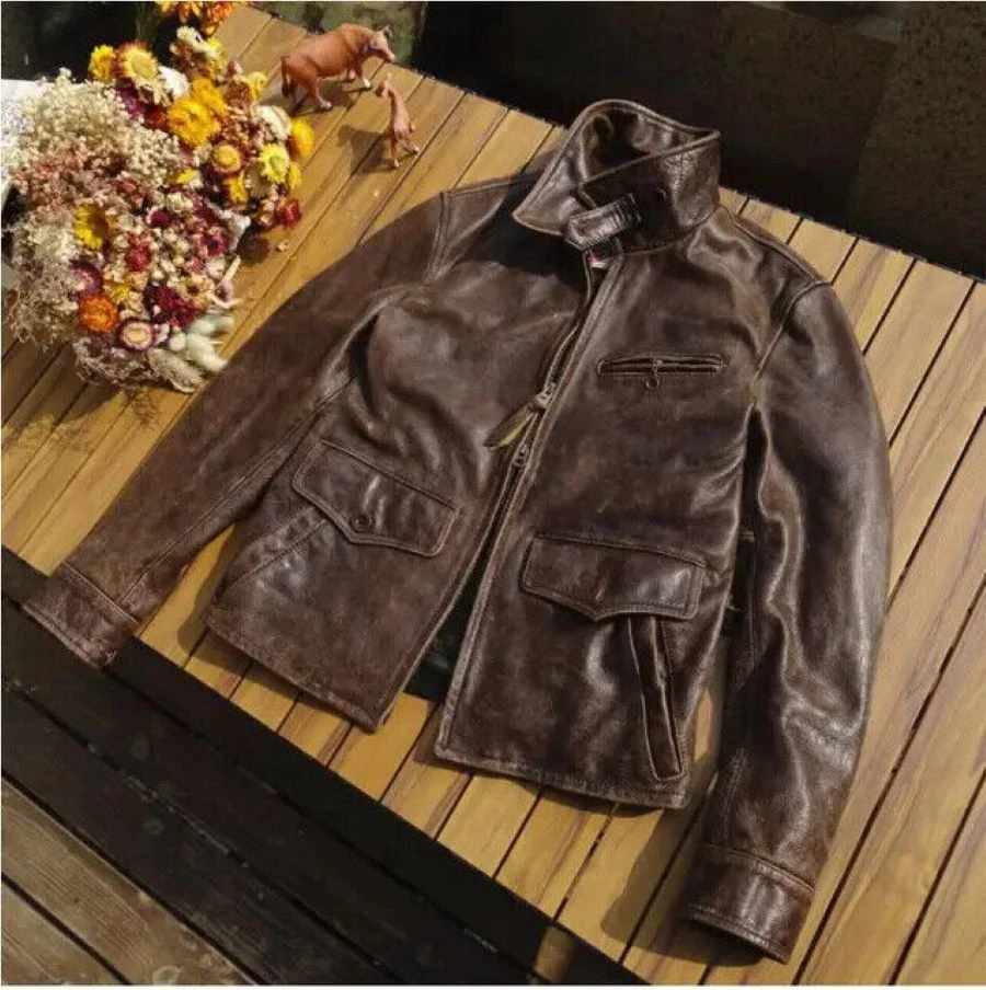 Men's Genuine Cowhide Coat Vintage Brown Biker Leather Jacket Outwear - Image 2 of 4