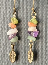 Little Bronze Feather with Colorful Mixed Gemstone Bead Earrings. Boho Chic.