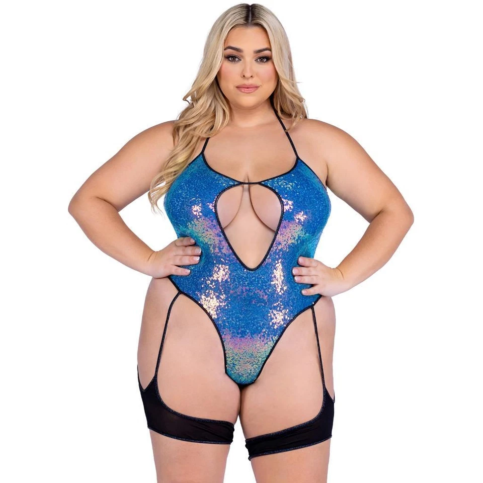 Mameluco de Lentejuelas Adjunto Pierna Ligas Cerradura Delantero Halter Cuello Malla Trasera Azul 6428 Foto 3 de 4