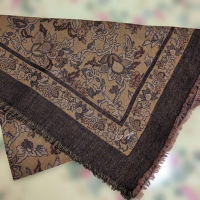 KENZO Extra Large Wool Brown Floral Fringe Stole Shawl 126cm