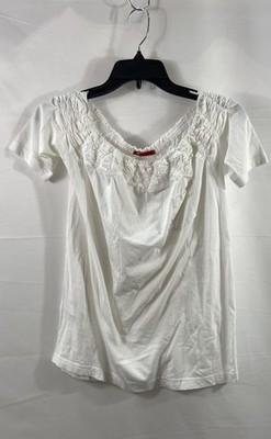 Prada Women's White Smocked Off-Shoulder 100% Cotton Short Sleeve Top Size M