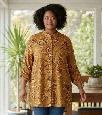 Women's H & M GoldFloral Mandarin Collar Long Sleeve Sheer Blouse  US 8p