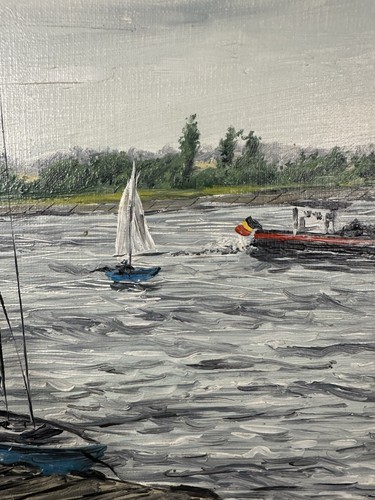 Grande huile sur toile signée : voiliers amarrés au ponton Ecole Française XIXe - Photo 12/15