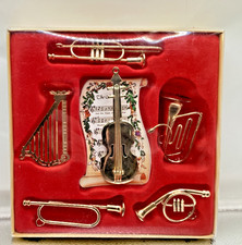 6 Brass Musical Instrument Ornaments Miniature French Horn, Trombone, Harp c55
