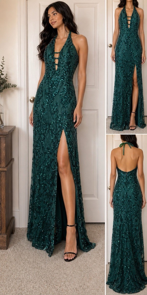 Y2K Blondie Nites Emerald Green Sequin Halter Maxi Dress Open Back Size 11