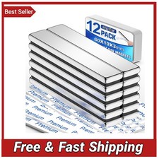 12pc Strong Neodymium Bar Magnets Heavy Duty Rare Earth Strip Adhesive 60x10x3mm