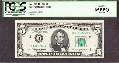 1963 Federal Reserve Note NEW YORK 5 Dollars Fr# 1967-B GEM UNC PCGS 65 PPQ - Image 1 of 2