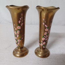 Vtg Set Of 2 Brass Bud Vases Hand-painted Cherry Blossom 5.25" H