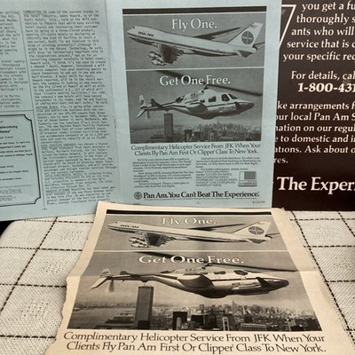 Pan Am 1984 Helicopter Ads FLY ONE GET ONE FREE Travel Management Daily & ? 105