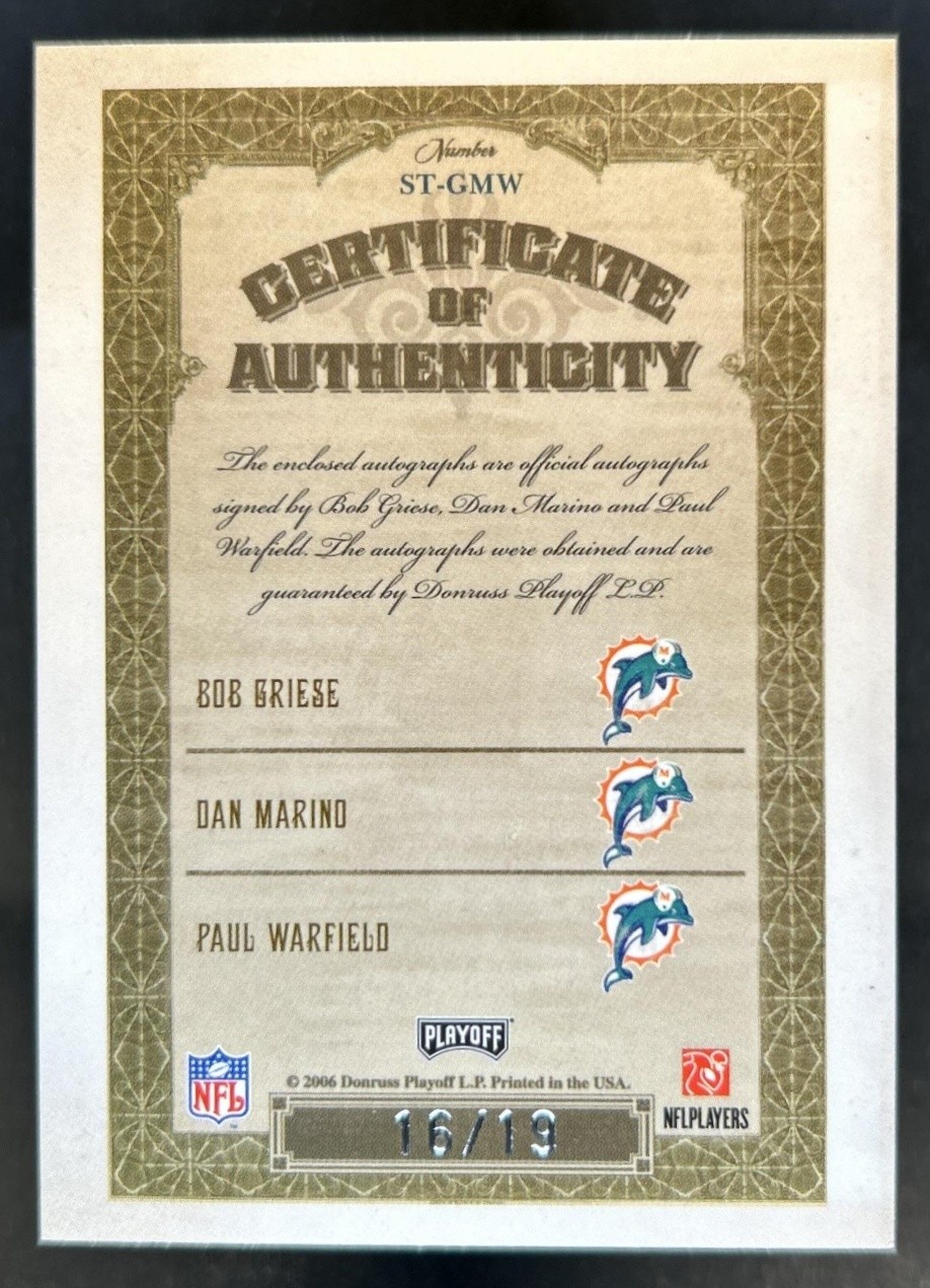 2006 National Treasures Bob Griese Dan Marino Paul Warfield Trios Auto #/19 view 2