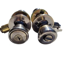 2 Matching Round Entry Handles Door Knob with Lock and Keys Gold Bronze Color