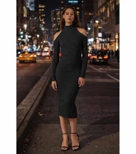 ASTR Charcoal Gray Cold Shoulder Mock Neck Bodycon Midi Sweater Dress Medium NWT