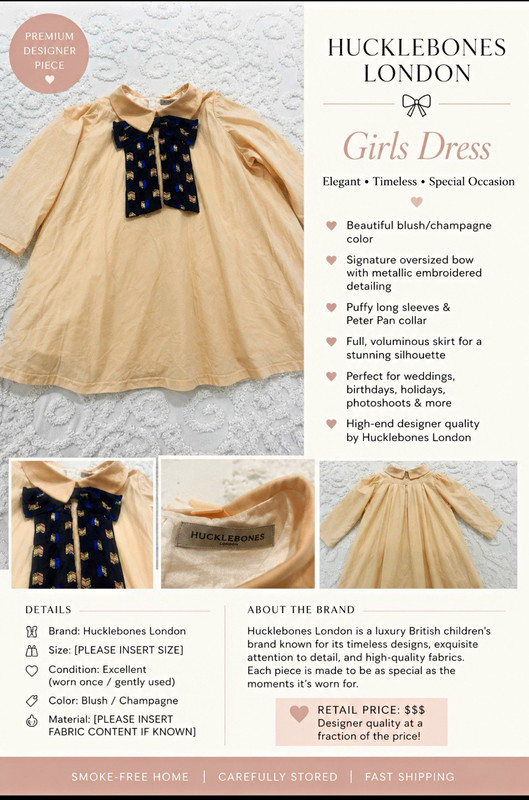 Hucklebones London Girls Dress 10 Champagne Navy Bow Peter Pan Puff Long Sleeve